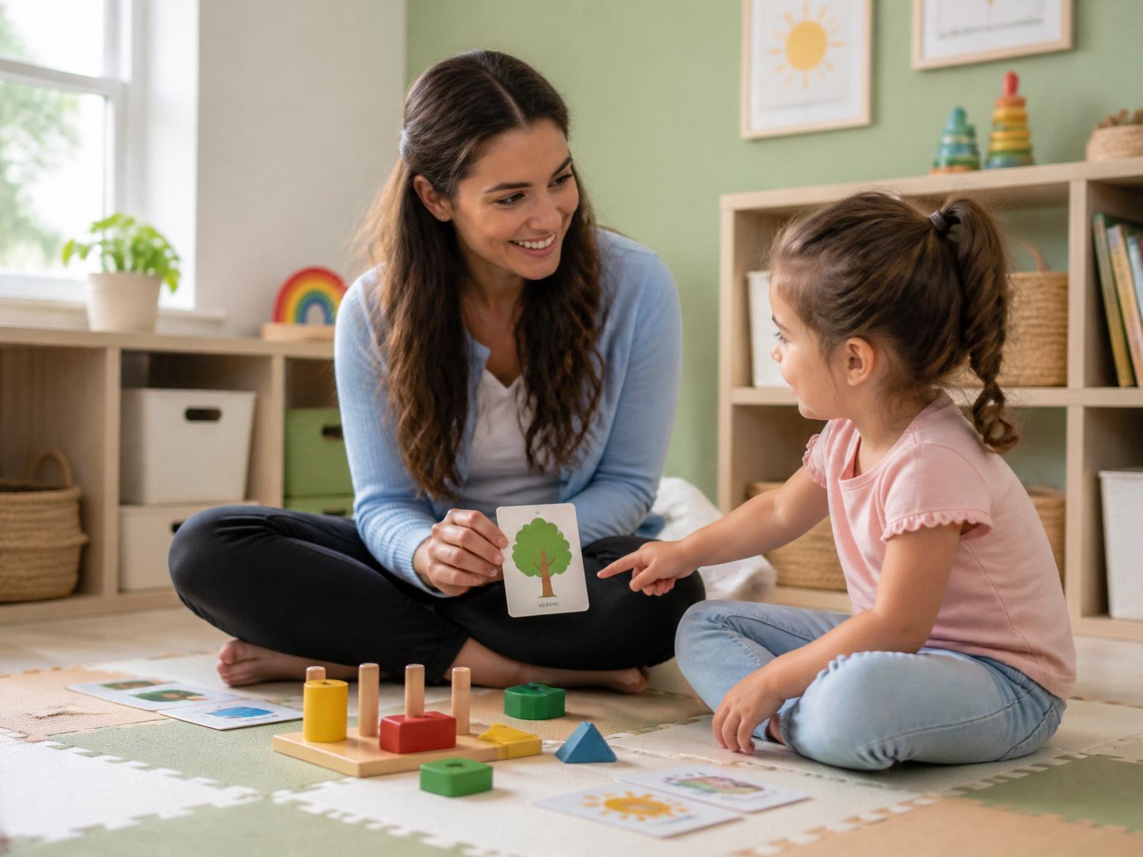A parent and child playing together with wooden toys in a bright room